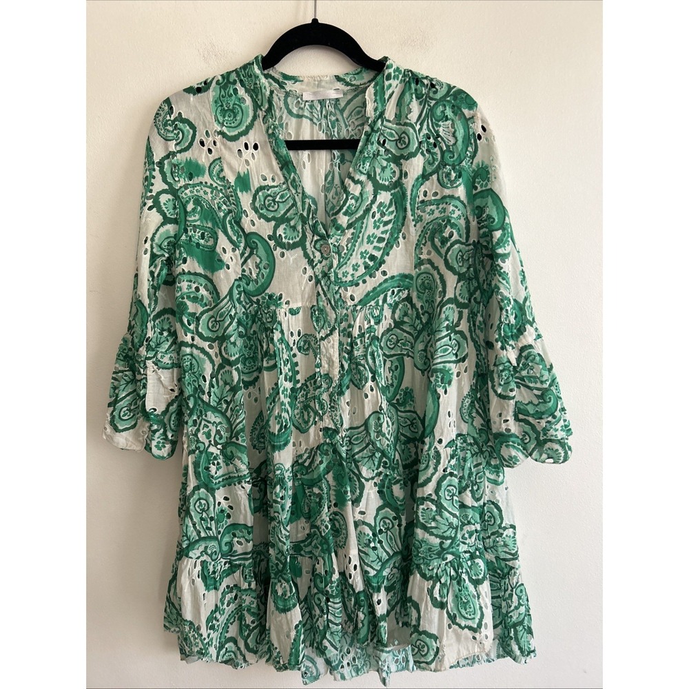 Green Paisley 3/4 Sleeve Long Tunic Dress‎ V Neck Eyelets  22" Wide 34" Long